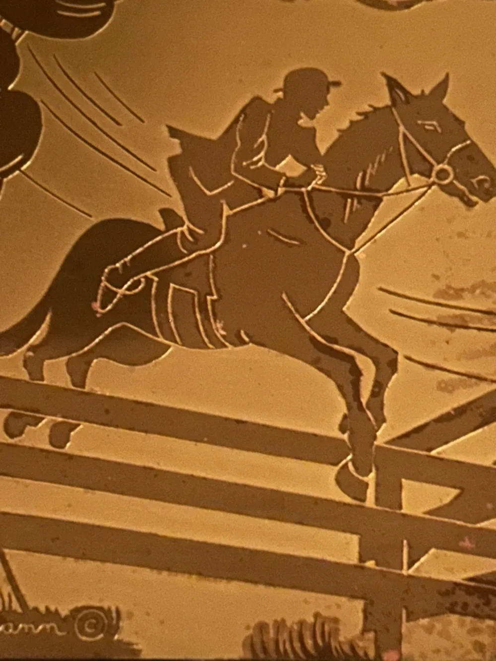 Vintage gilt & acid-etched metal of horse & rider by artist Esther Brann.